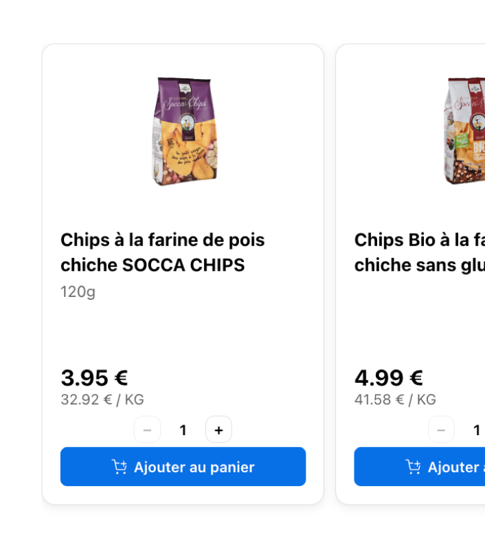 Single product card with image, title, weight, price and quantity stepper