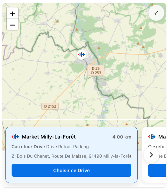 Store locator widget with map and selectable Drive card
