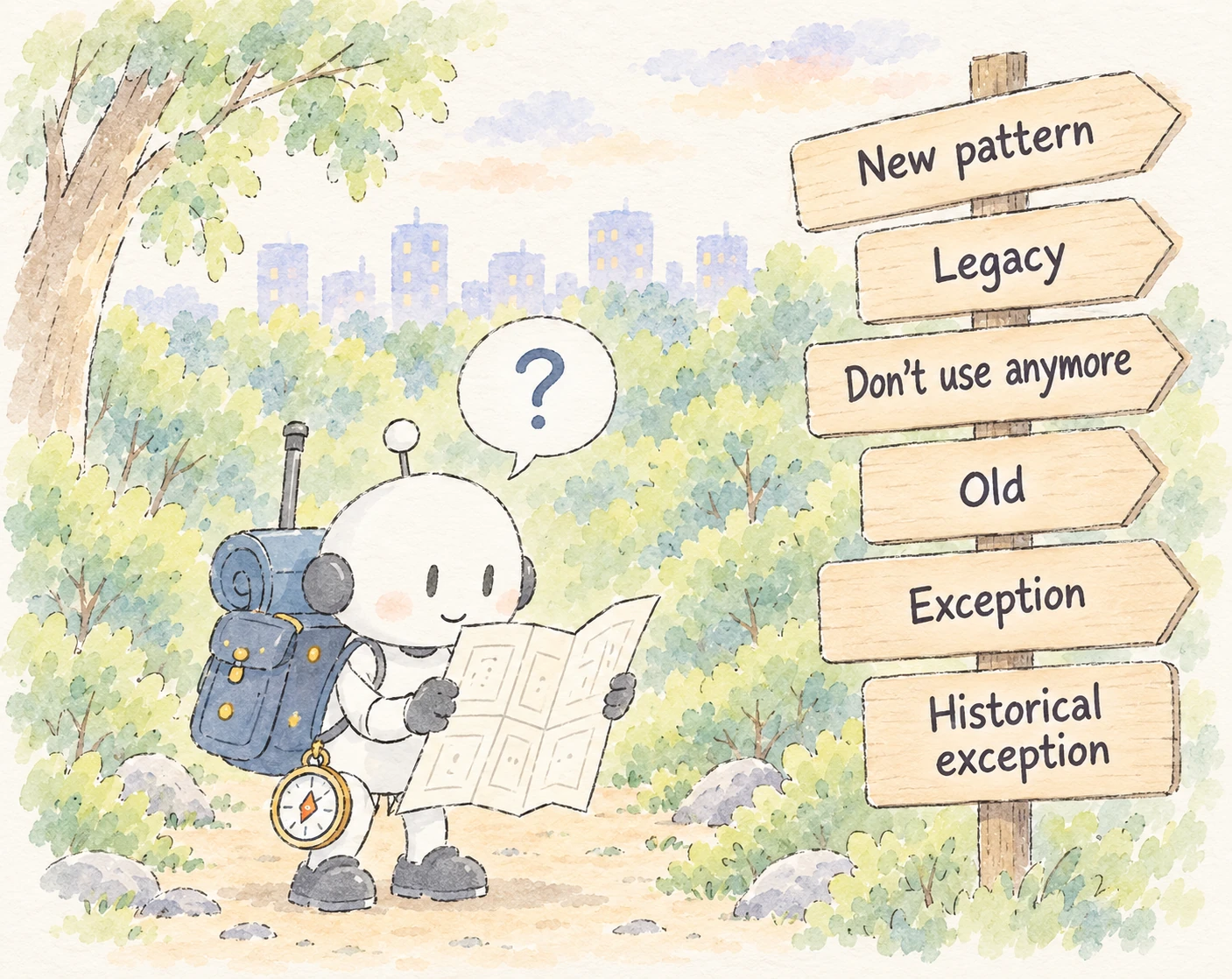 A robot studies a map in a forest beside conflicting signs for new patterns, legacy code, deprecated code, and historical exceptions.