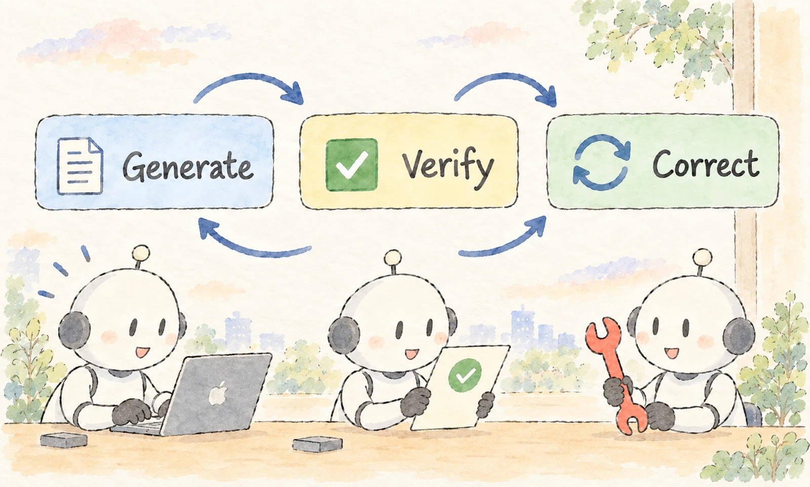 Three robots illustrate a feedback loop: generating code on a computer, verifying it with a checklist, and correcting it with a wrench. Arrows connect the stages.
