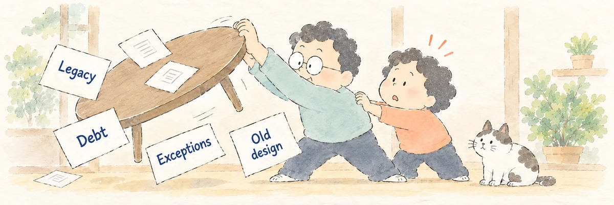 A developer flips a table while a colleague tries to stop him. Papers labeled Legacy, Debt, Exceptions, and Old design fly around them as a cat watches.