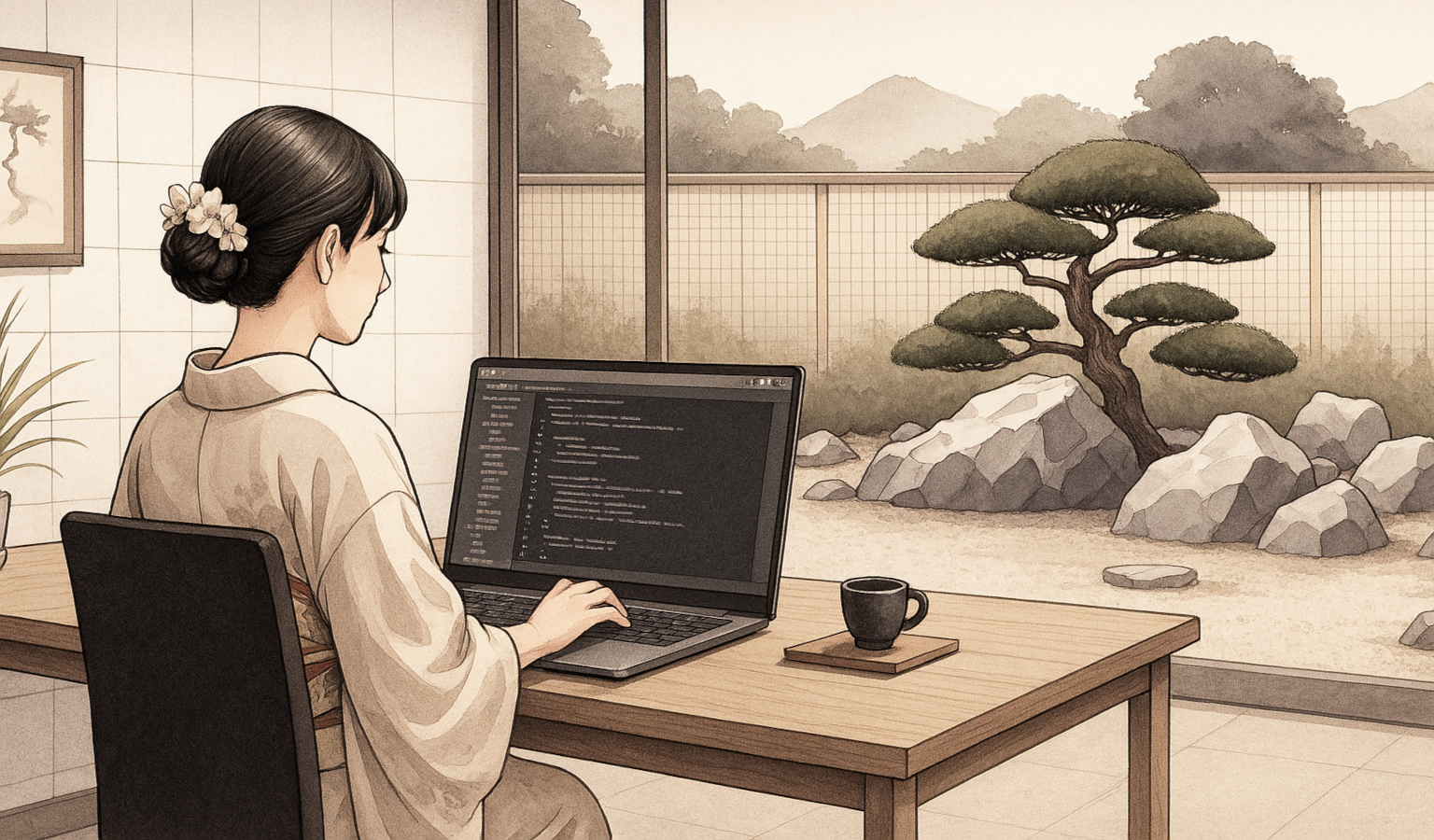 Zen meditation scene with minimalist aesthetic, featuring serene natural elements that embody the contemplative spirit of zazen practice